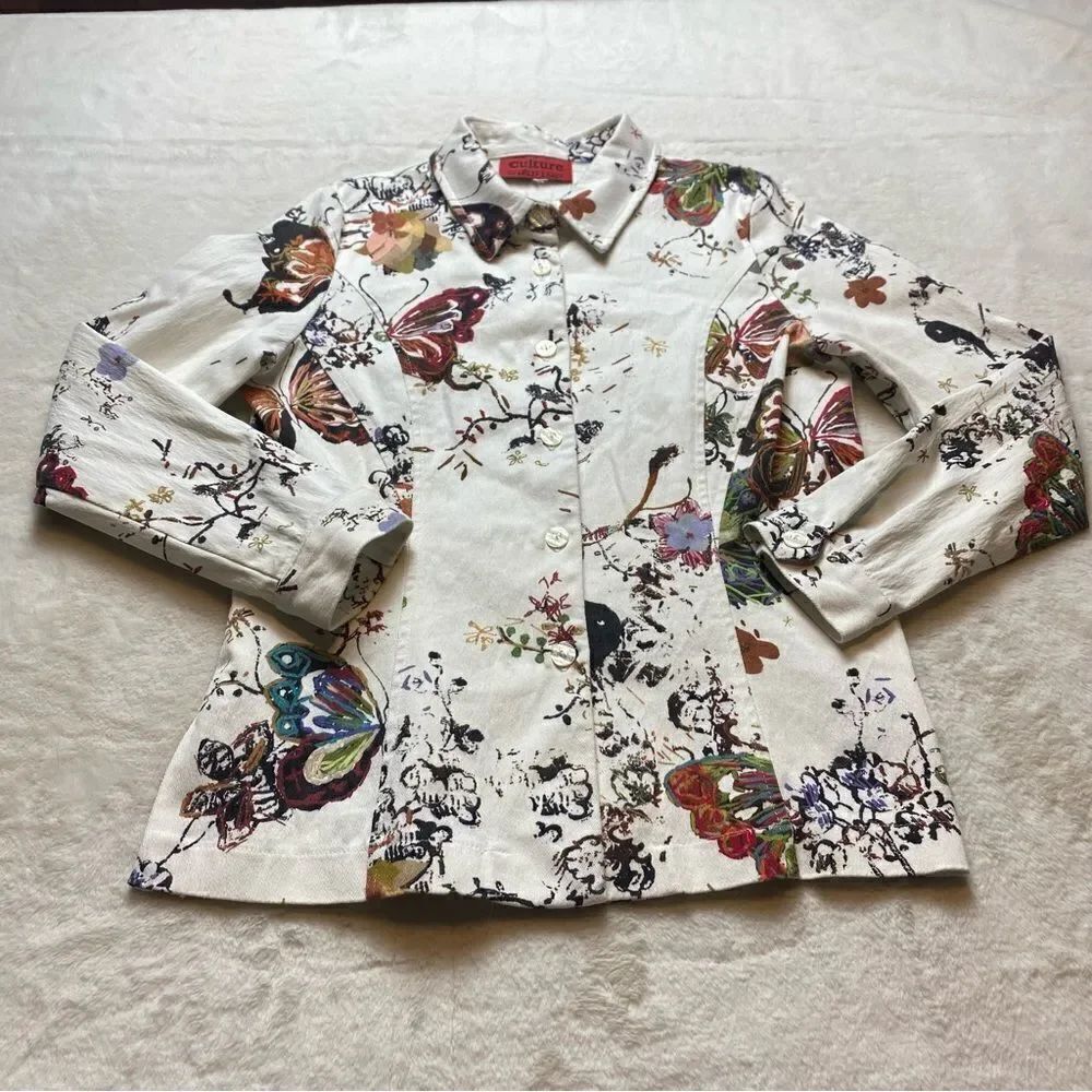 Culture By Krazy Larry Light Denim White W/Floral and Butterfly Shirt/Jacket